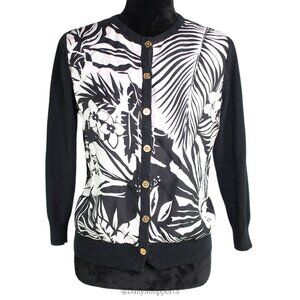 Lauren Ralph Lauren Women's Black and White Tropical Silk & Cashmere Cardigan